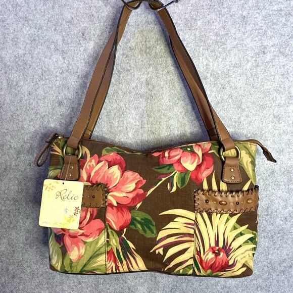 Relic By Fossil NWT Hawaiian Floral Canvas Bag Leather Straps Bead Accents Boho - Picture 1 of 13